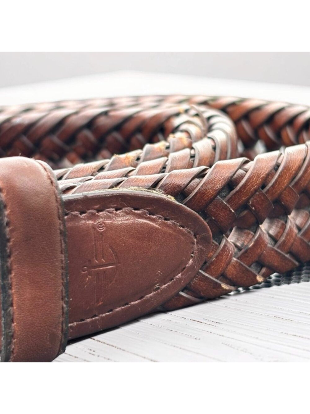 Braided Leather Belt Brown Woven Belt Brass Buckle Classic Preppy Casual Men’s B - Picture 2 of 5